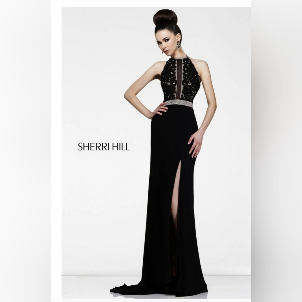 Sherri Black Mesh Gown with Rhinestone Detail on the Waist